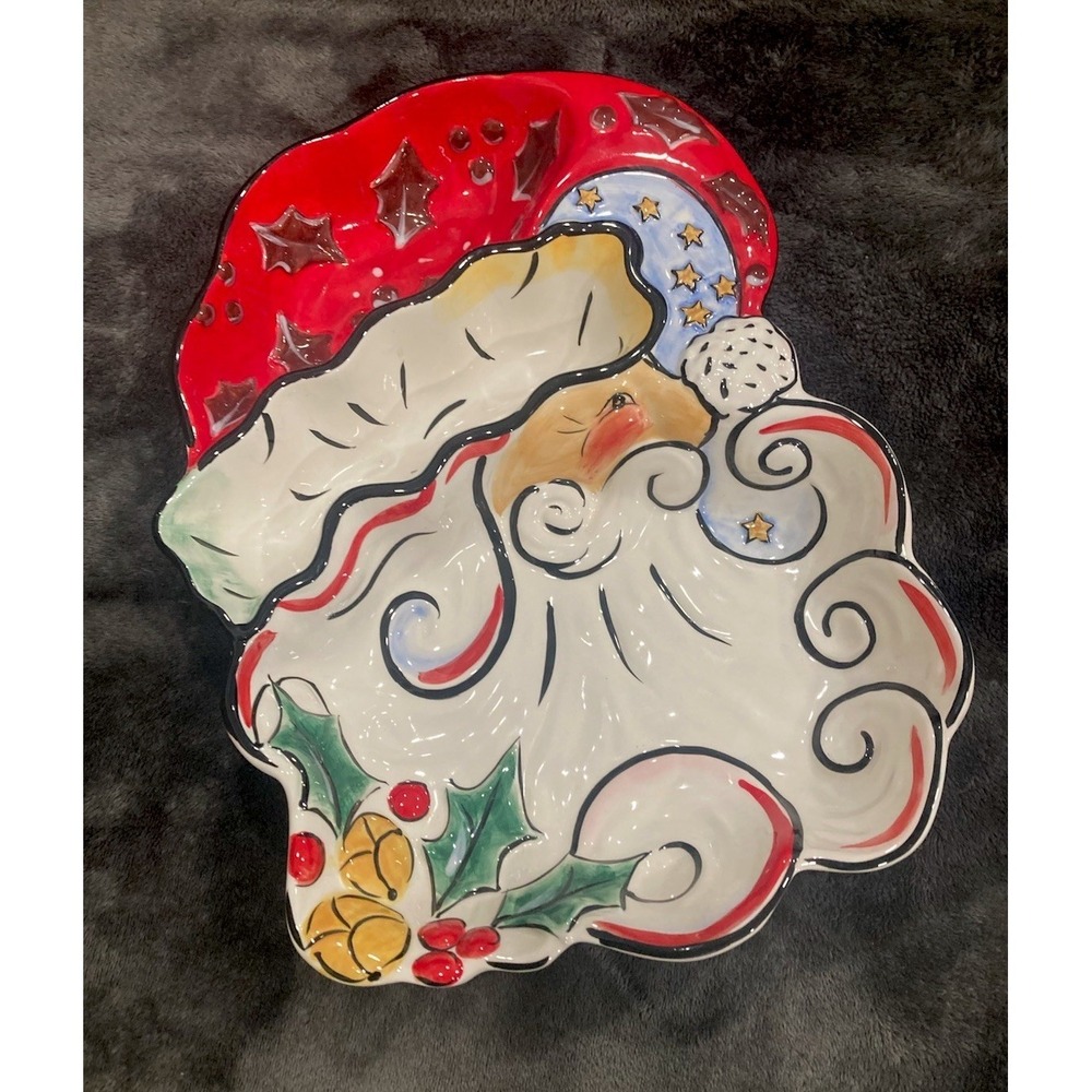 Vintage Clay Art Ceramic Merry Santa Hand Painted Christmas Serving‎ Platter EUC
